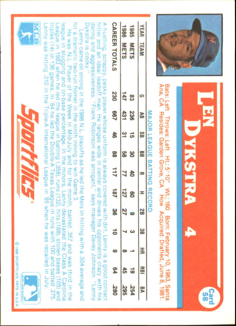 1987 Sportflics #58 Len Dykstra back image