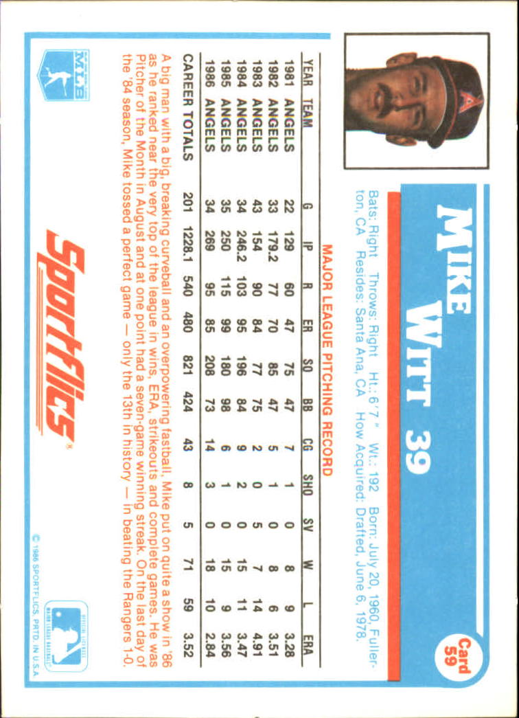 1987 Sportflics #59 Mike Witt back image
