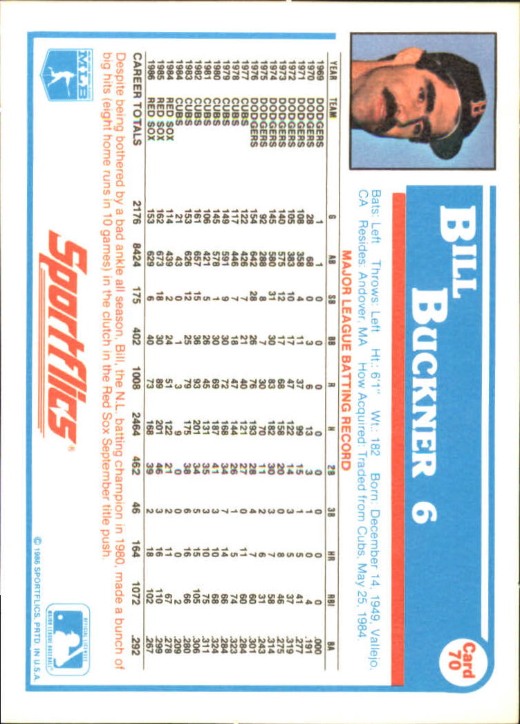 1987 Sportflics #70 Bill Buckner back image