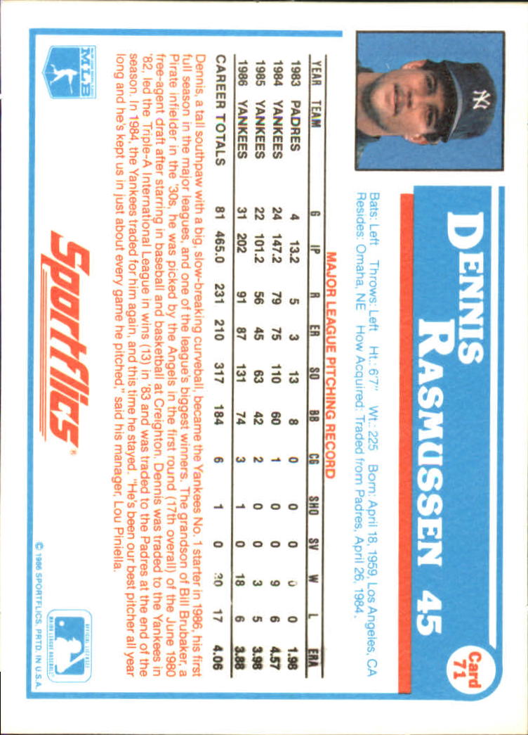 1987 Sportflics #71A Dennis Rasmussen ERR '86 back image