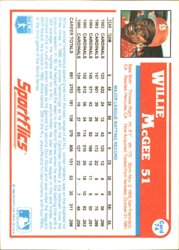 1987 Sportflics #74 Willie McGee back image