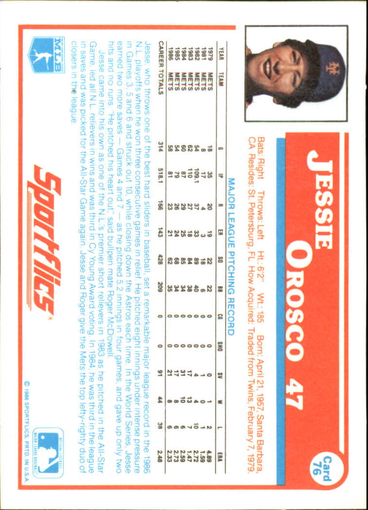 1987 Sportflics #76A Jesse Orosco COR/'86 copyright back image
