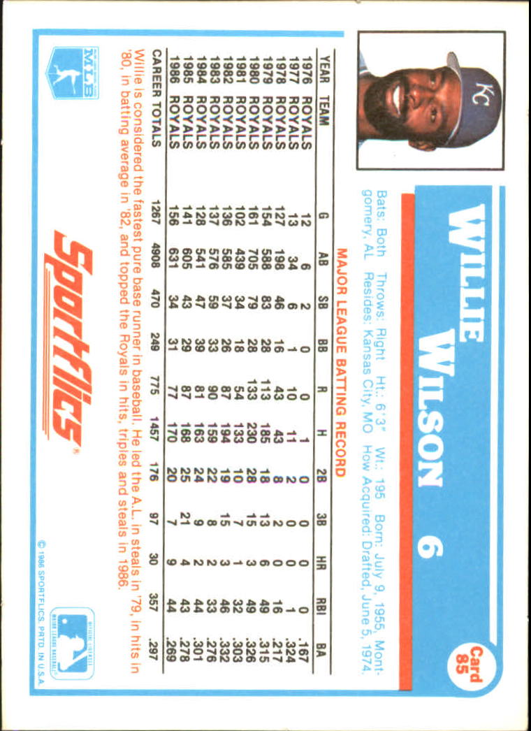 1987 Sportflics #85 Willie Wilson back image