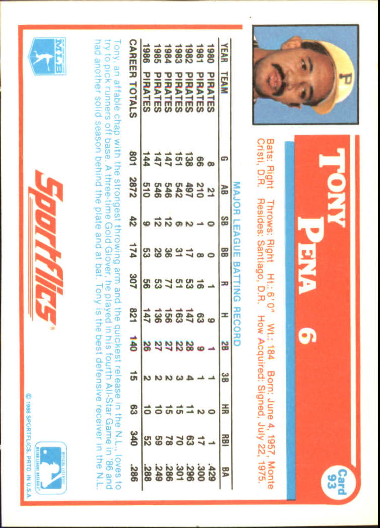 1987 Sportflics #93 Tony Pena back image