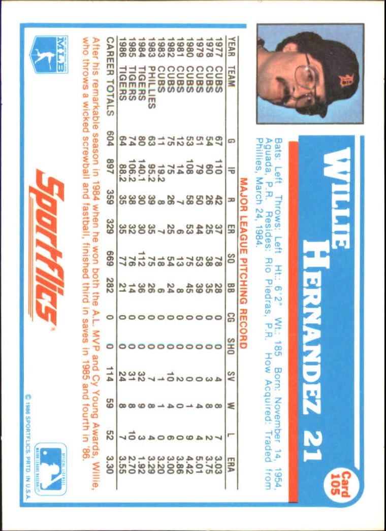 1987 Sportflics #105 Willie Hernandez back image