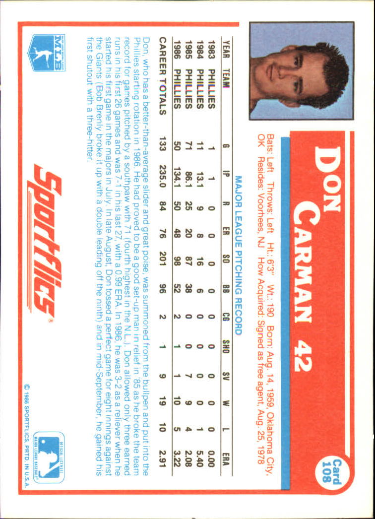 1987 Sportflics #108 Don Carman back image