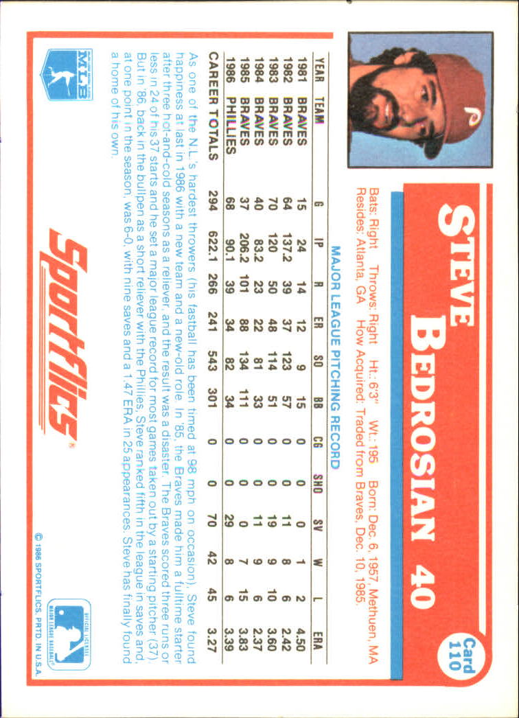 1987 Sportflics #110 Steve Bedrosian back image