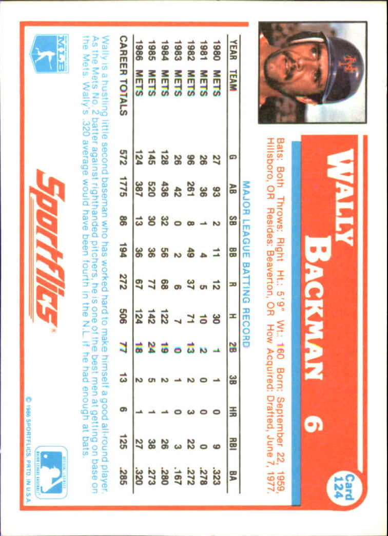 1987 Sportflics #124 Wally Backman back image
