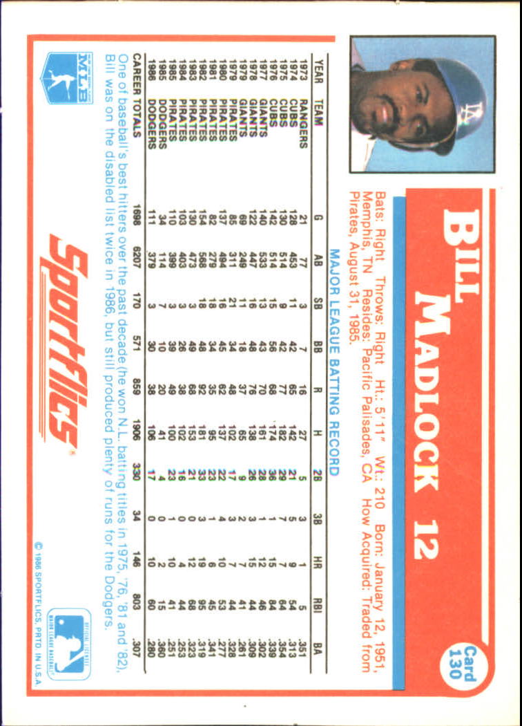 1987 Sportflics #130 Bill Madlock back image