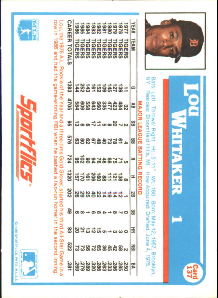 1987 Sportflics #137 Lou Whitaker back image