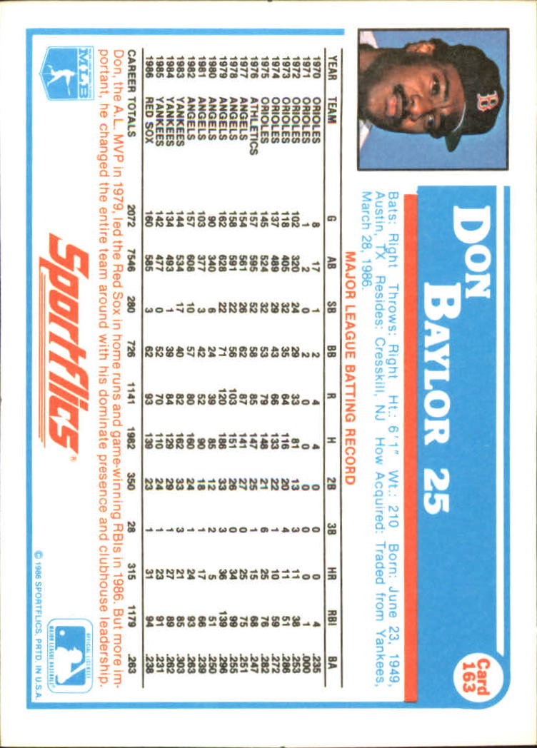 1987 Sportflics #163 Don Baylor back image