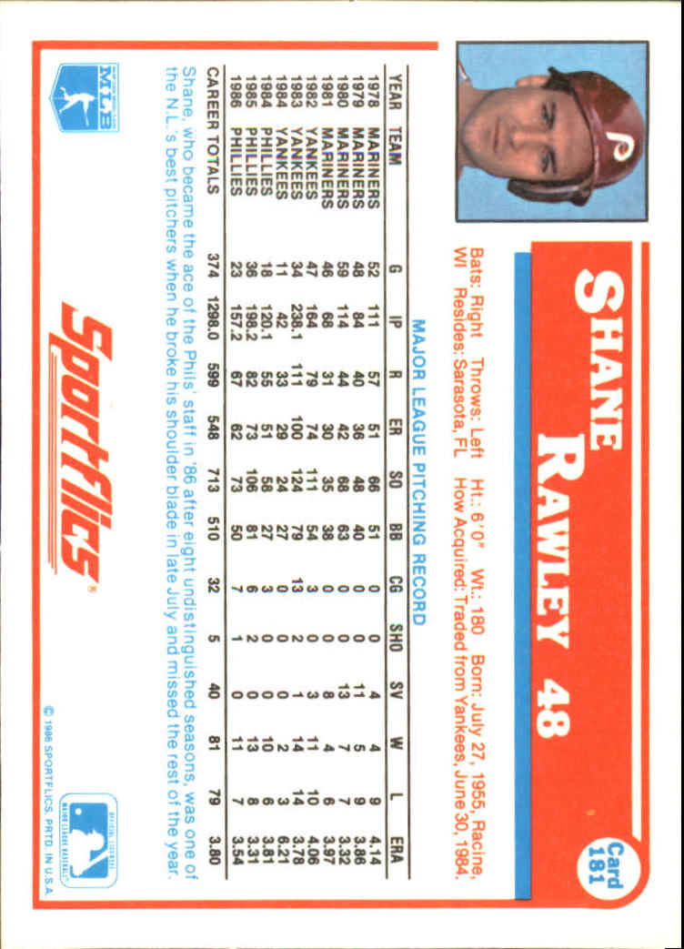1987 Sportflics #181 Shane Rawley back image