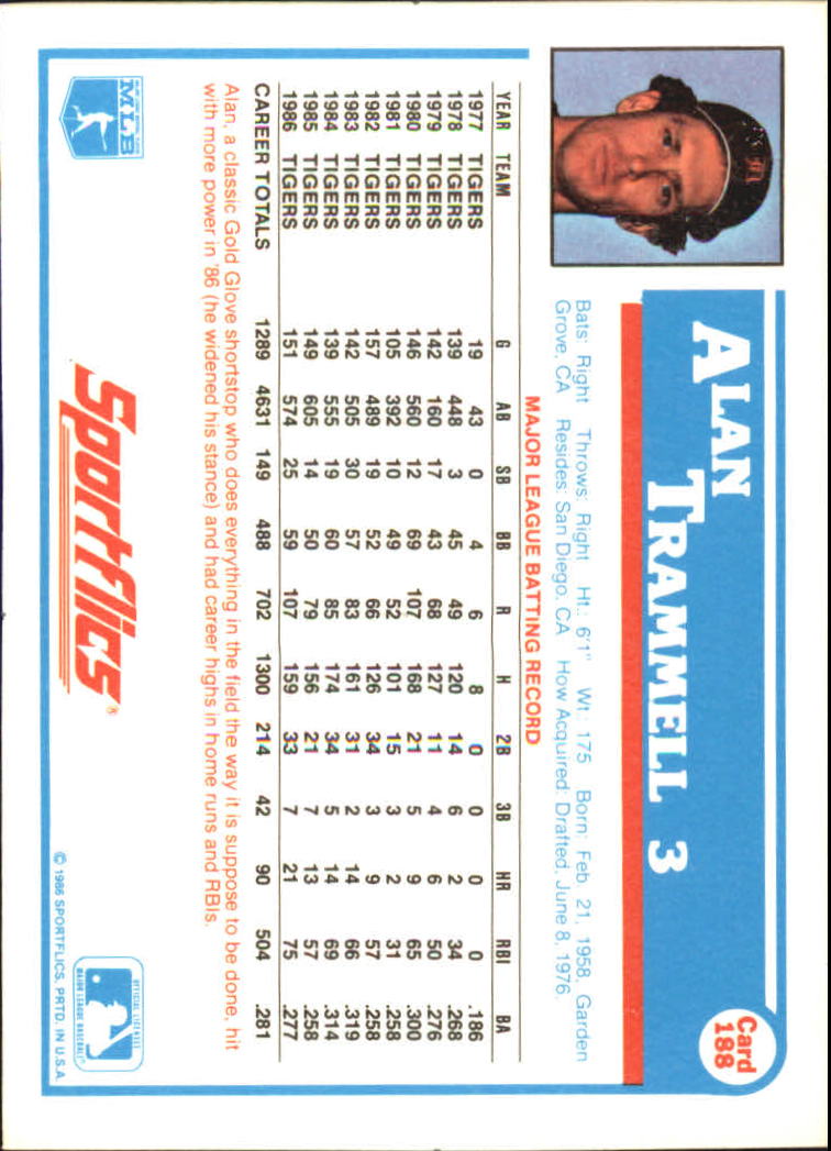 1987 Sportflics #188 Alan Trammell back image