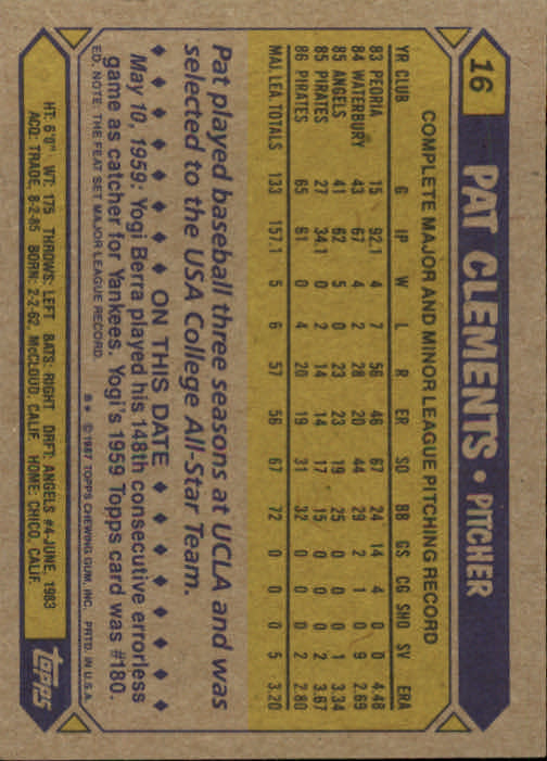 1987 Topps #16 Pat Clements back image