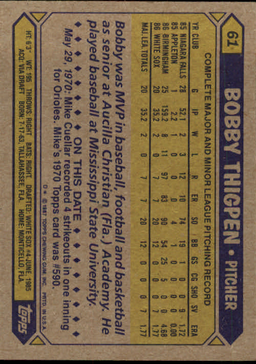 1987 Topps #61 Bobby Thigpen RC back image