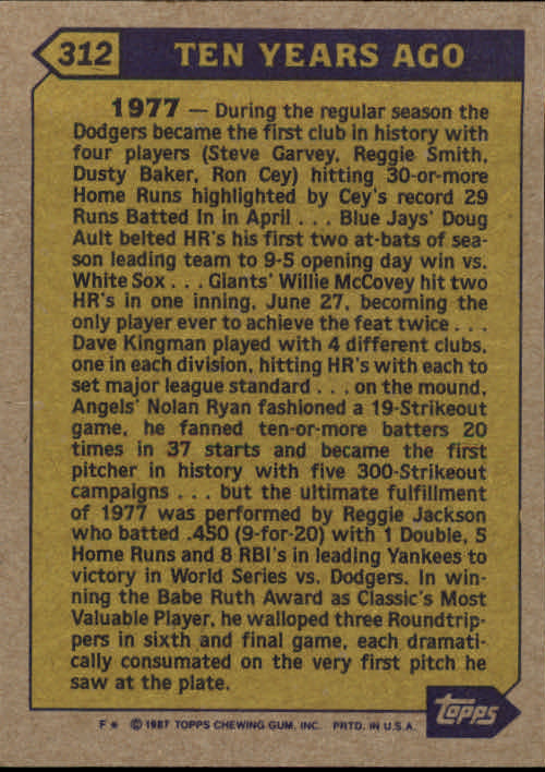 Reggie Jackson 1987 Topps baseball card Turn back the clock #312 New York  Yankees
