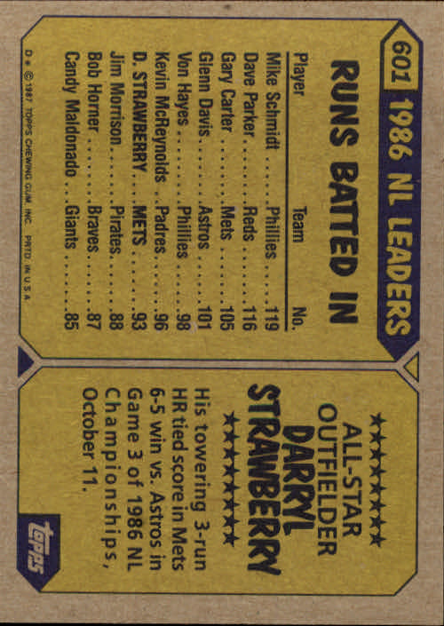 1987 Topps #601 Darryl Strawberry AS back image