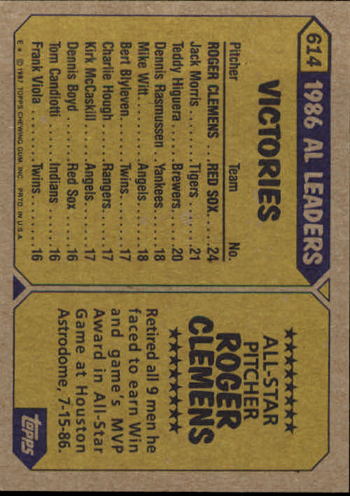 1987 Topps #614 Roger Clemens AS back image