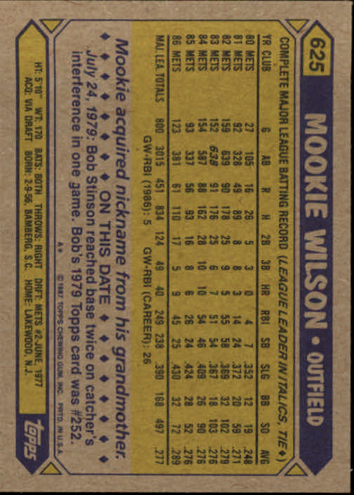  1987 Topps # 625 Mookie Wilson New York Mets (Baseball Card)  NM/MT Mets : Collectibles & Fine Art