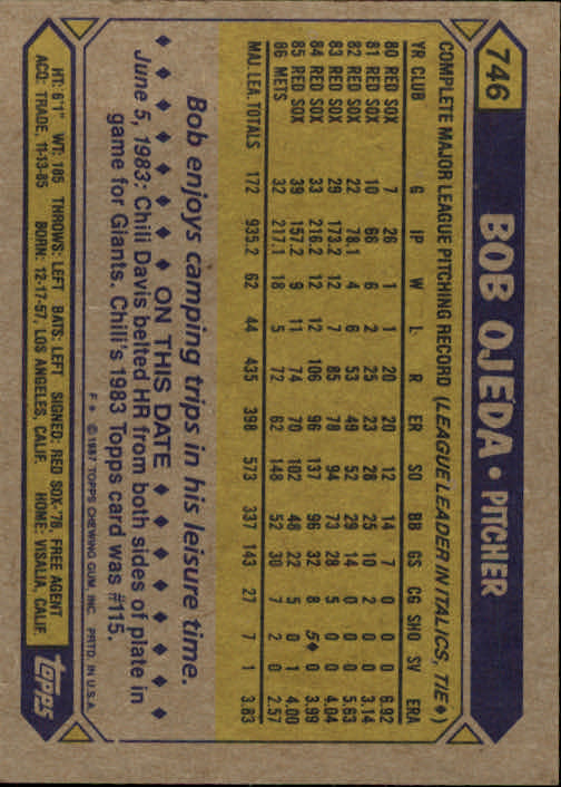 1987 Topps #746 Bob Ojeda back image