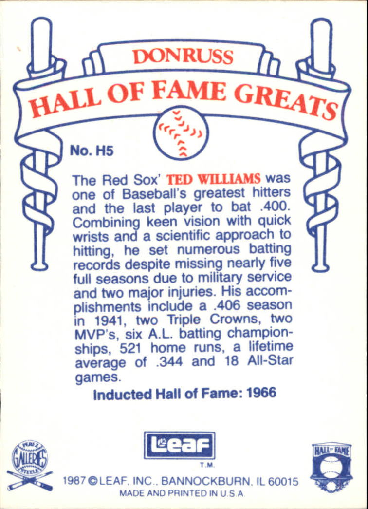 1987 Leaf Special Olympics #H5 Ted Williams back image
