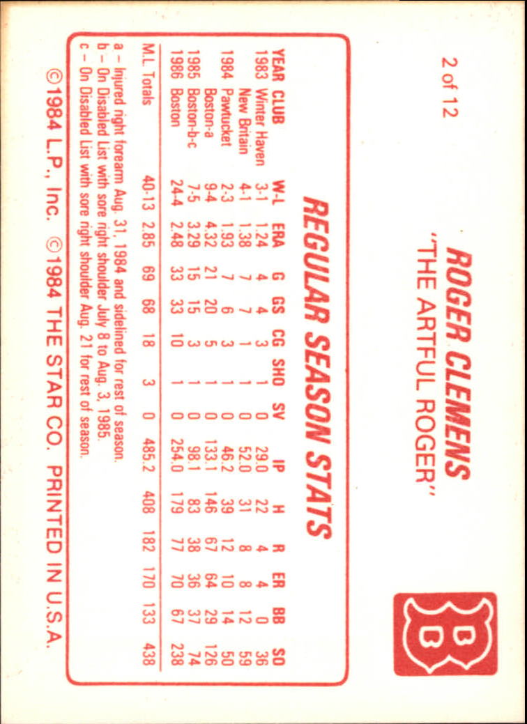 1987 Star Clemens #2 Roger Clemens/Regular Season Stats back image