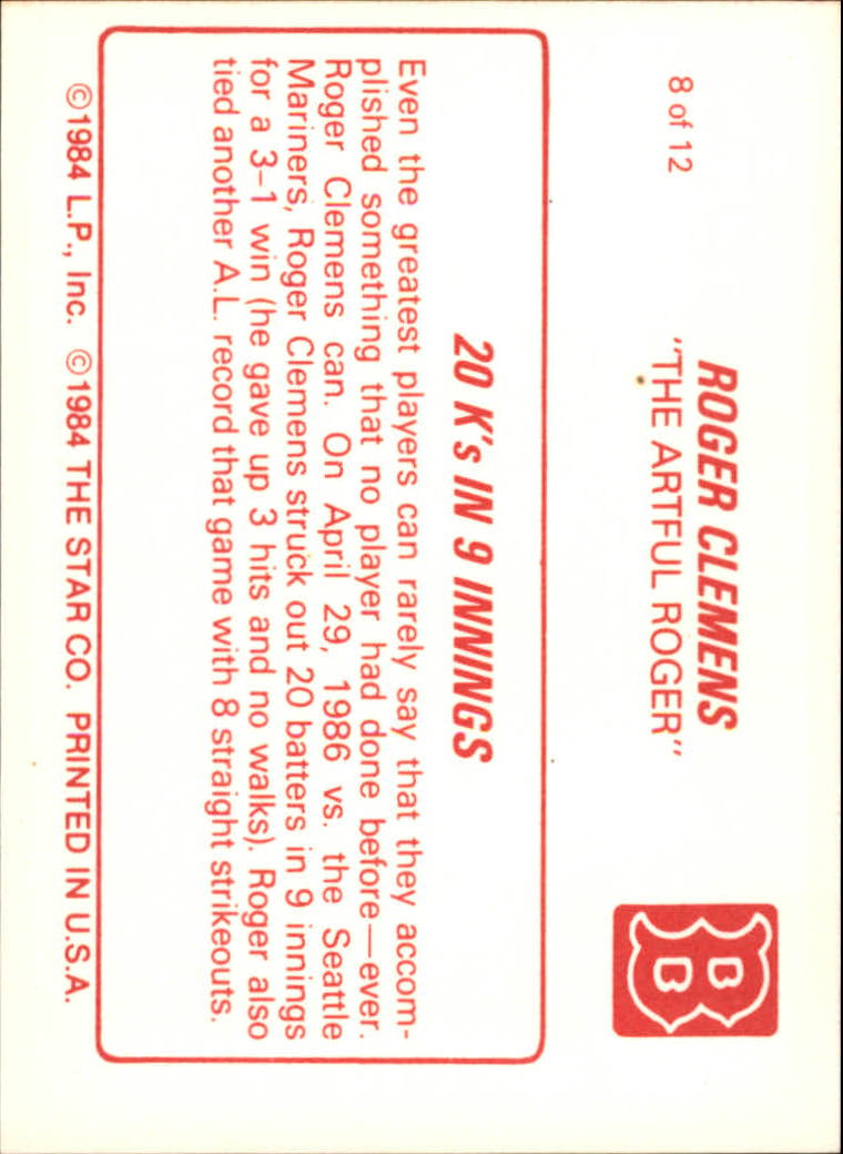 1987 Star Clemens #8 Roger Clemens/20 K's In 9 Innings back image