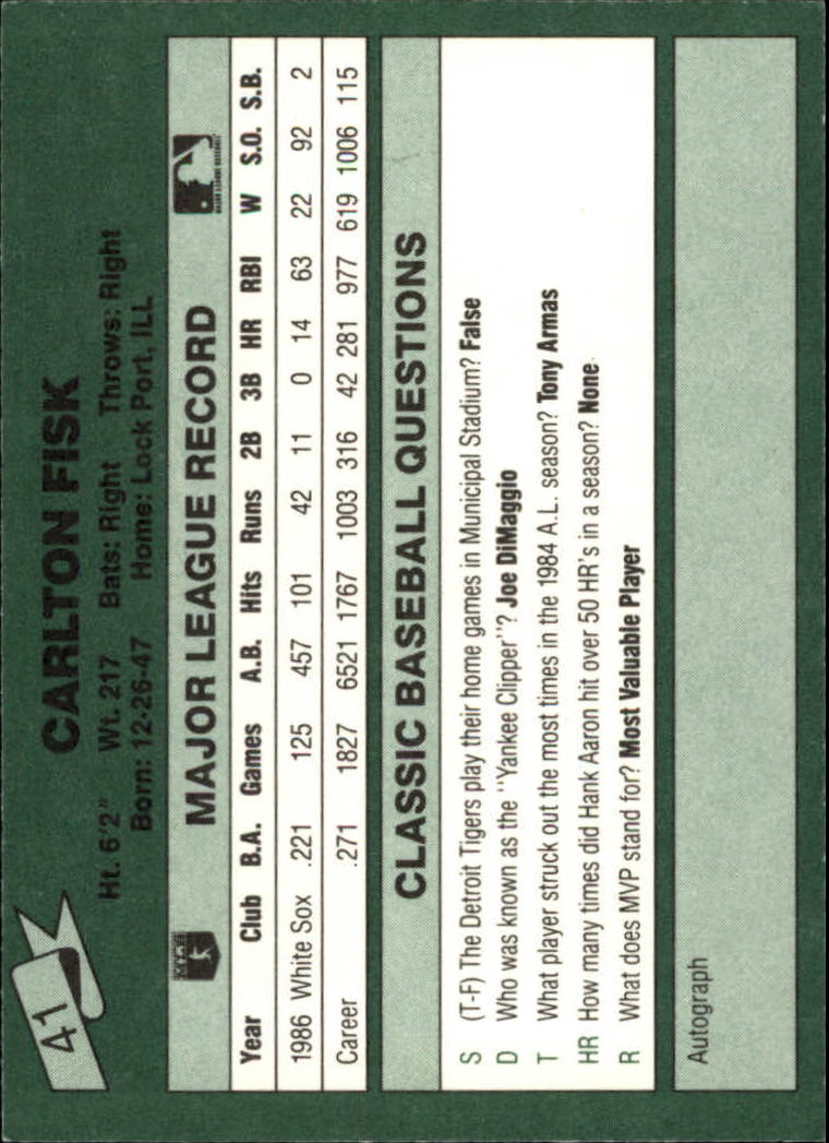 1987 Classic Game #41 Carlton Fisk back image