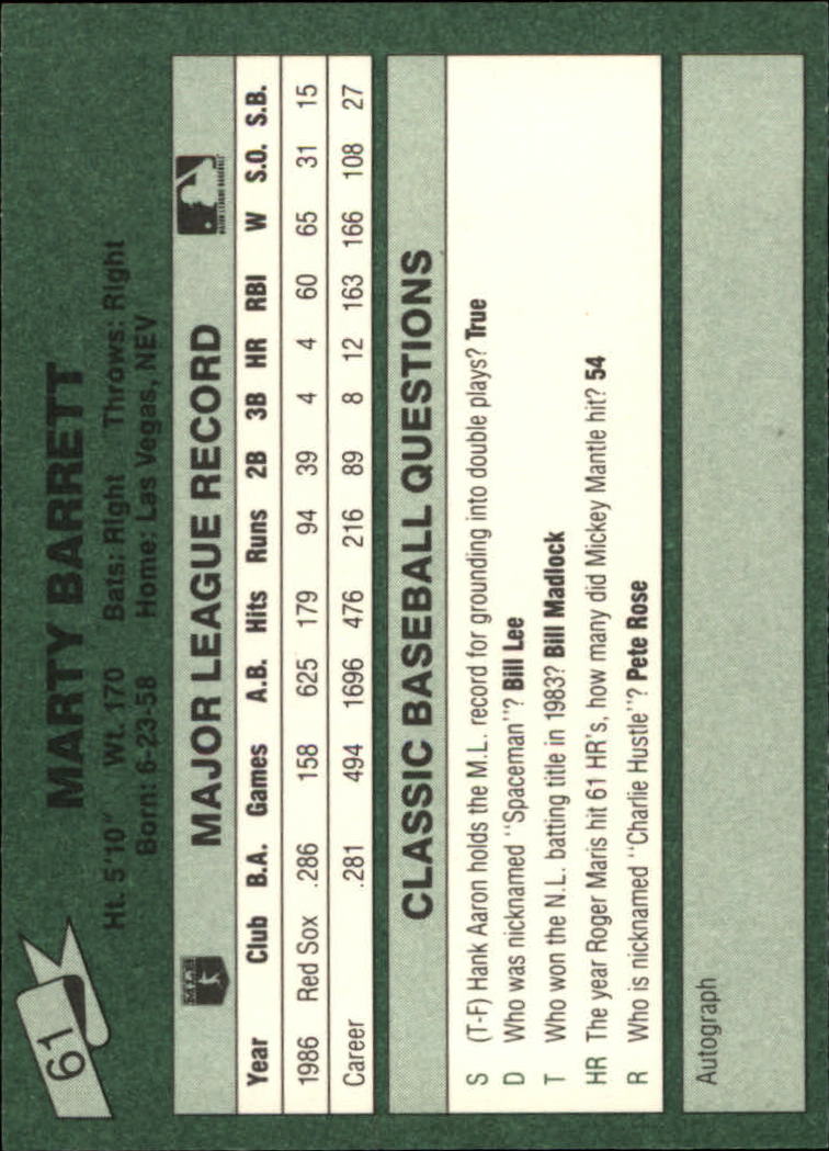 1987 Classic Game #61 Marty Barrett back image