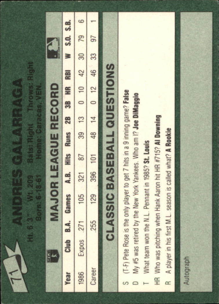 1987 Classic Game #71 Andres Galarraga back image