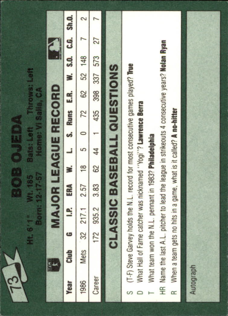 1987 Classic Game #73 Bob Ojeda back image