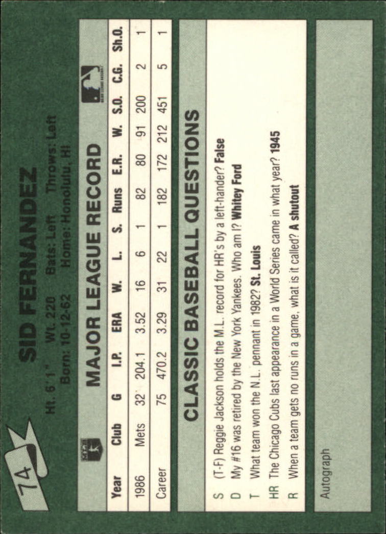 1987 Classic Game #74 Sid Fernandez back image