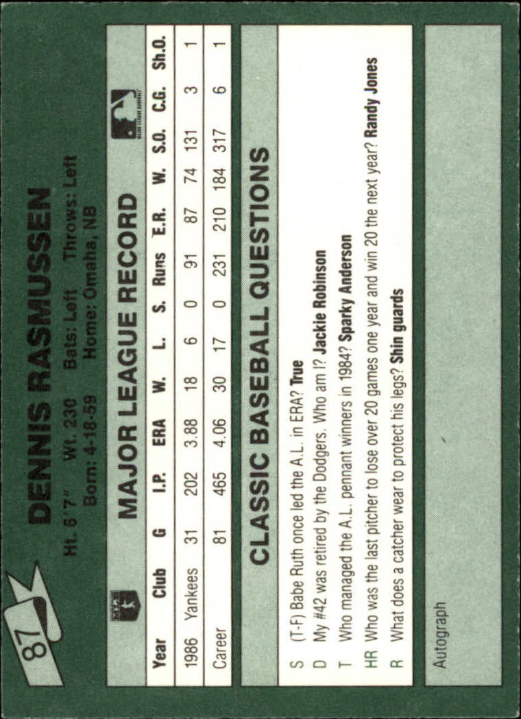 1987 Classic Game #87 Dennis Rasmussen back image