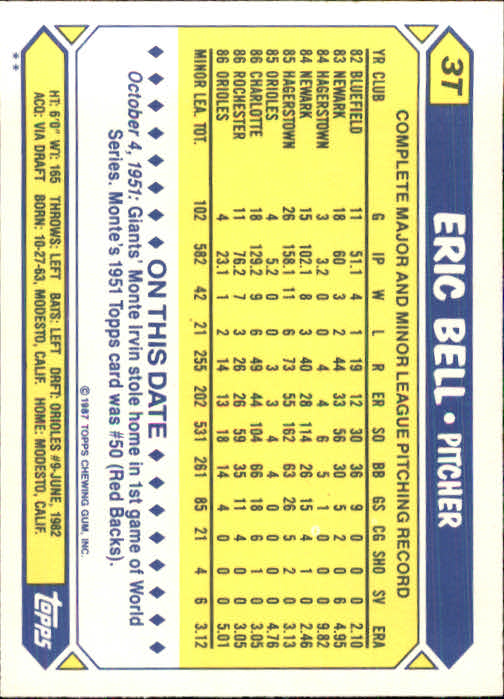1987 Topps Traded #3T Eric Bell back image