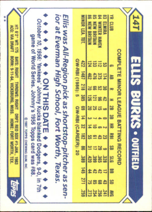 1987 Topps Traded #14T Ellis Burks XRC back image