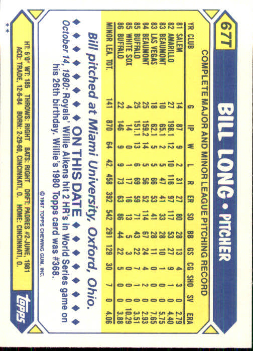 1987 Topps Traded #67T Bill Long back image