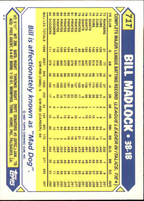 1987 Topps Traded #71T Bill Madlock back image