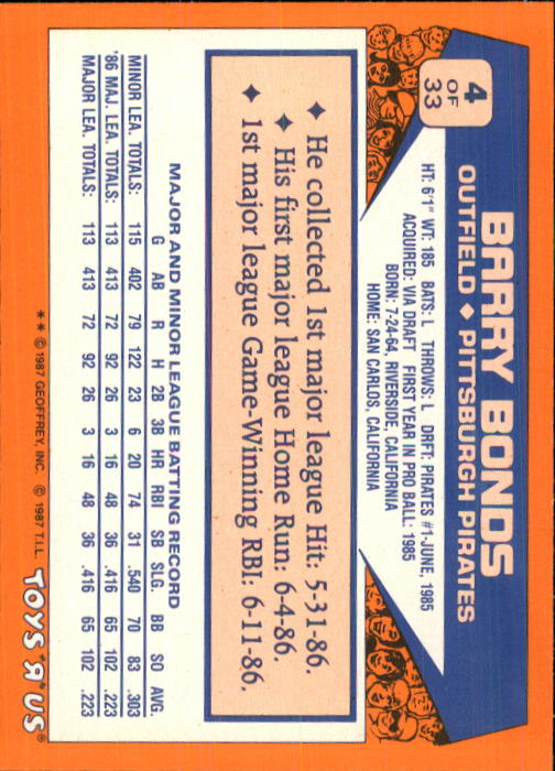1987 Toys R Us Rookies #4 Barry Bonds back image