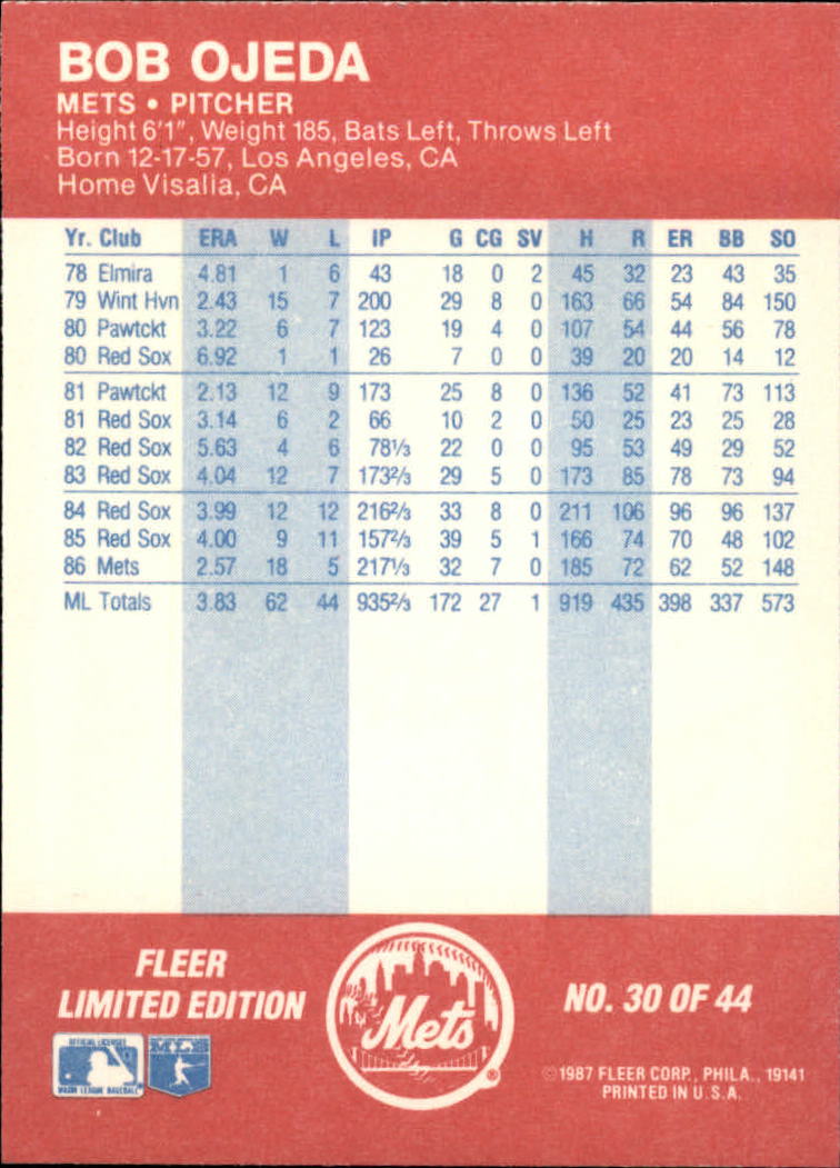 1987 Fleer Baseball All-Stars #30 Bob Ojeda back image