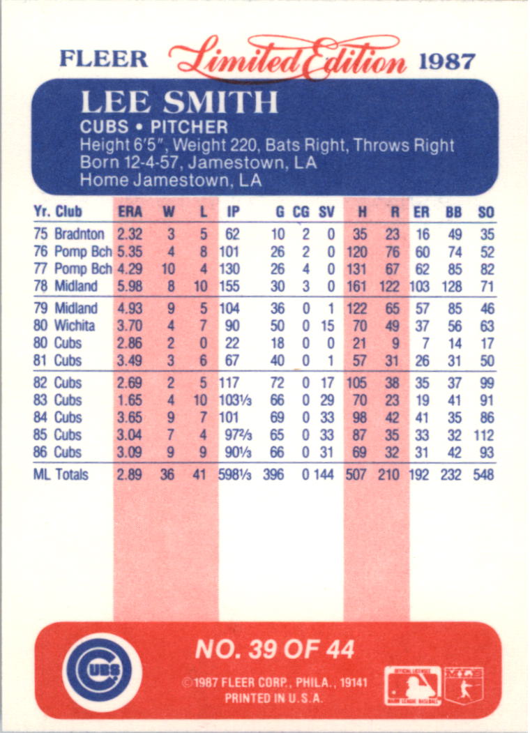 1987 Fleer Limited Edition #39 Lee Smith back image