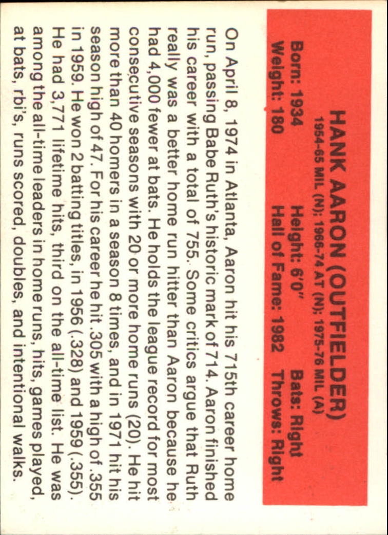 1987 Hygrade All-Time Greats #1 Hank Aaron back image