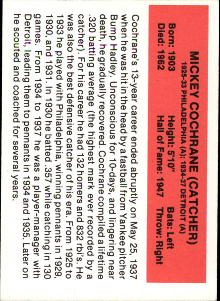 1987 Hygrade All-Time Greats #NNO Mickey Cochrane back image