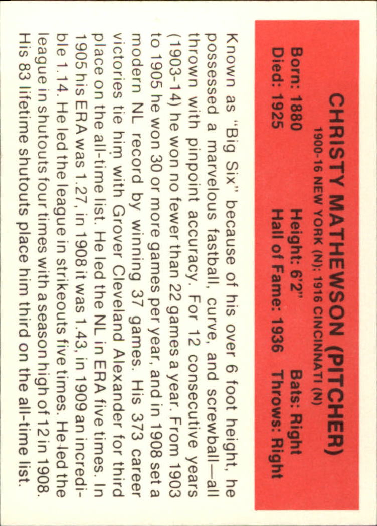 1987 Hygrade All-Time Greats #65 Christy Mathewson back image