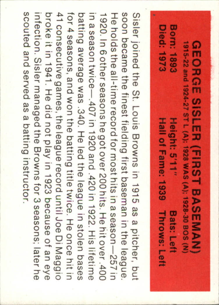1987 Hygrade All-Time Greats #85 George Sisler back image