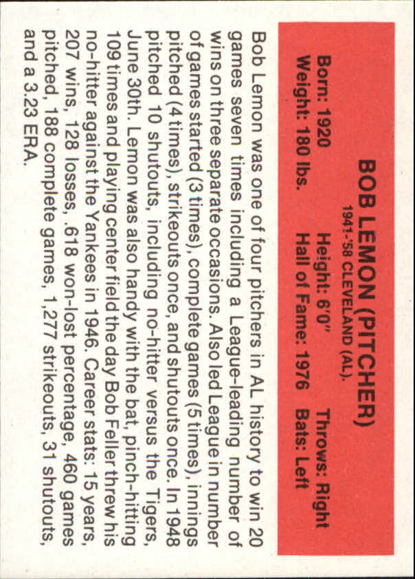 1987 Hygrade All-Time Greats #57 Bob Lemon back image