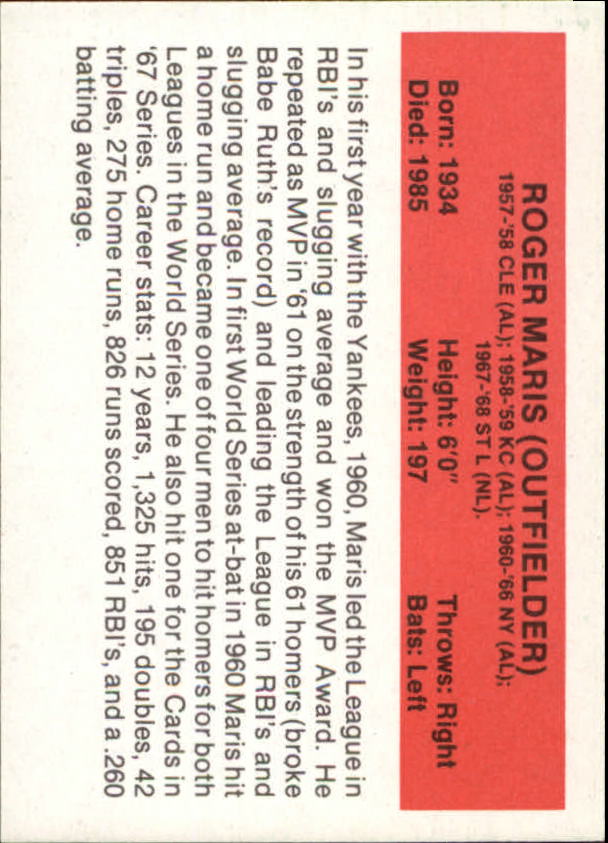 1987 Hygrade All-Time Greats #62 Roger Maris back image