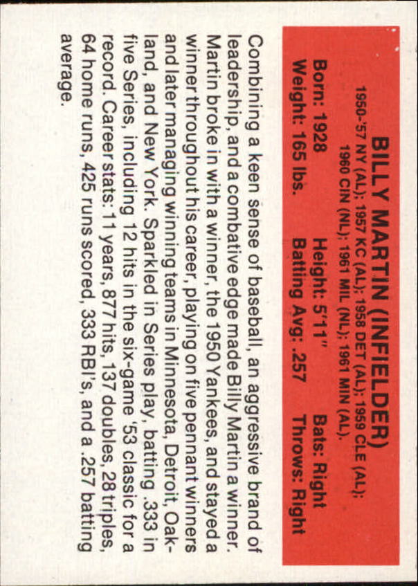 1987 Hygrade All-Time Greats #63 Billy Martin back image