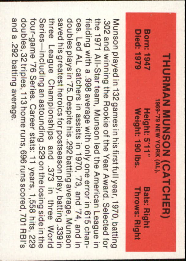 1987 Hygrade All-Time Greats #69 Thurman Munson back image