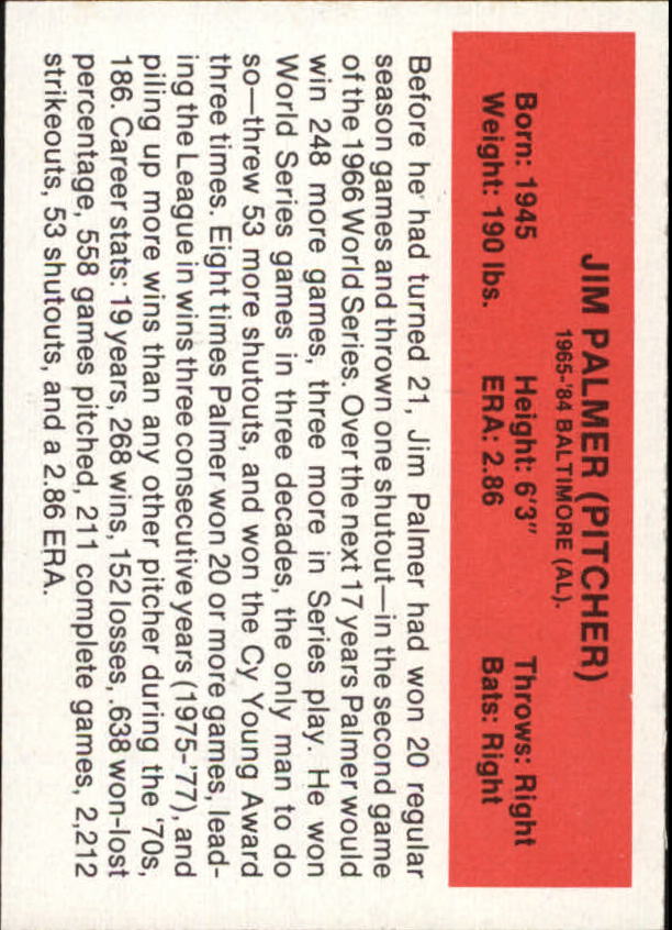 1987 Hygrade All-Time Greats #73 Jim Palmer back image