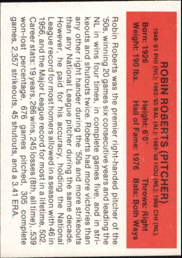 1987 Hygrade All-Time Greats #77 Robin Roberts back image